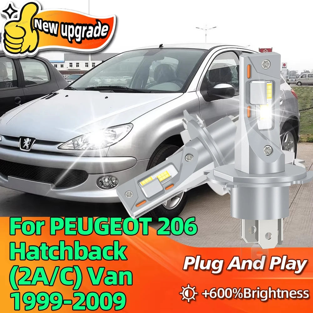Powerful LED Front H4 Headlight Car Bulb 6000K Canbus Headlamp For PEUGEOT 206 Hatchback 2