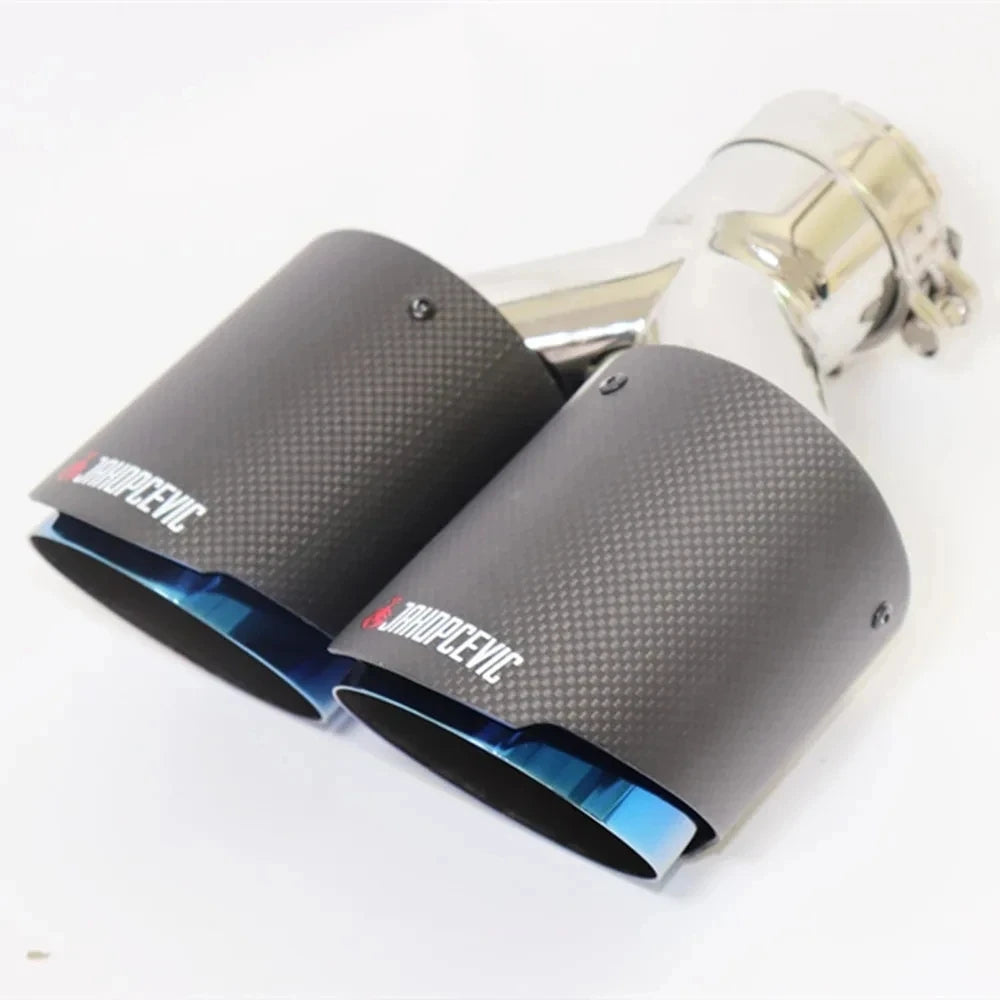 1 Pcs Matt Carbon Fiber Blue Stainless Exhaust Tips Car Muffler Double Y Pipes For Exhaust Dual  - Automotive LED Light