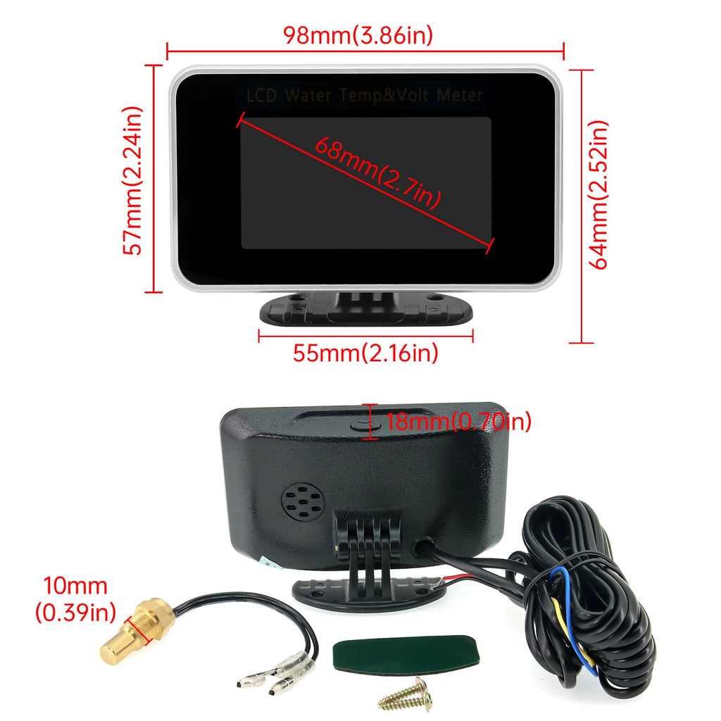 2 IN 1 LCD Gauge with 10mm Temp Sensor Voltmeter Volt Water Temperature Gauge 26~40mm Adapter(Op - Automotive LED Light
