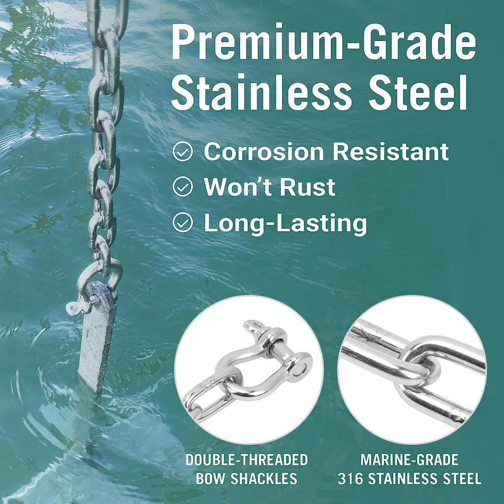 6.6ft Anchor Lead Chain Marine 316 Stainless Steel Central Ring Anchor Chain with Double 5/16in  - Automotive LED Light