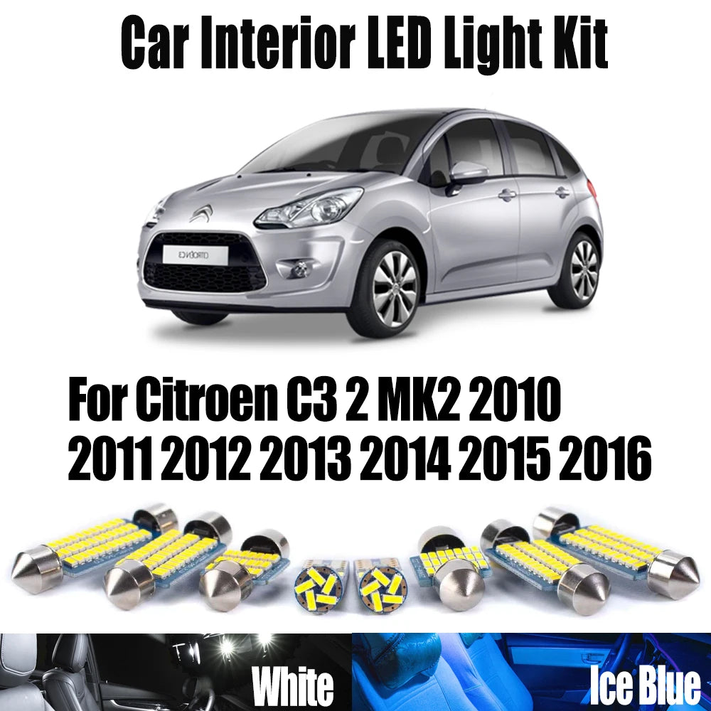 11-Piece LED Interior Light Kit for Citroen C3 2 MK2 2010 - 2012 - Canbus Dome Map Door Trunk Bulbs | AUTOKITSHOP