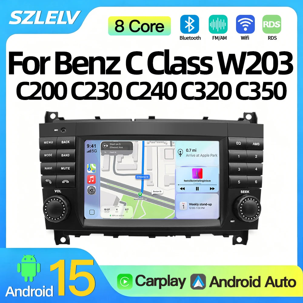 SZLELV 7'' For Mercedes Benz C-Class W203 CLC W203 Screen Android 15 Car Radio Multimedia