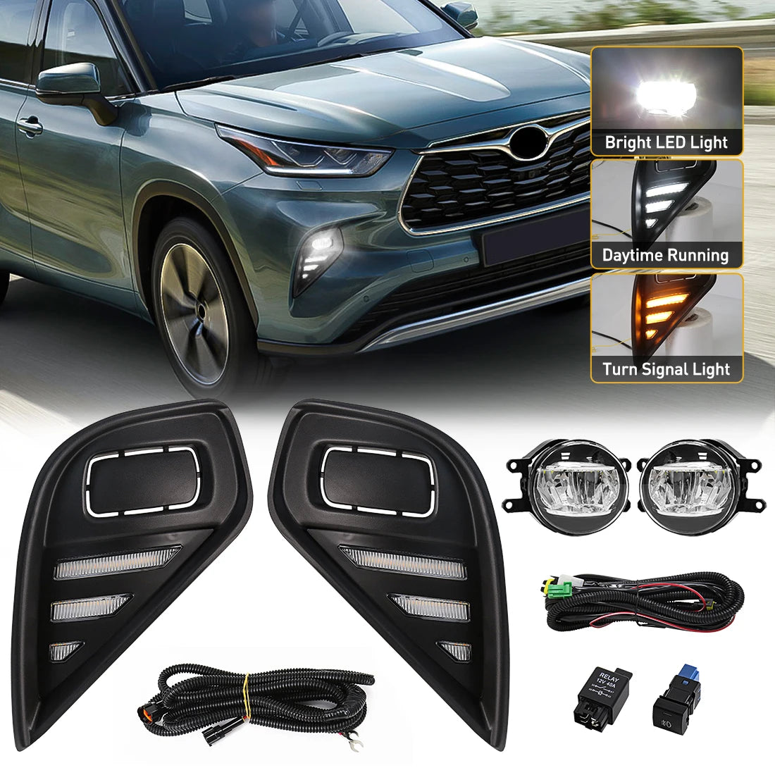 DRL Daytime Running Light For Toyota Highlander 2021 2022 Fog Lamp Daylights Dual Colors W | AUTOKITSHOP