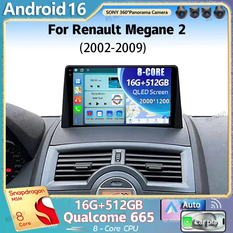 Android 16 For Renault Megane 2 2002 - 2009 2K QLED Android Car Radio Multimedia Video Pla