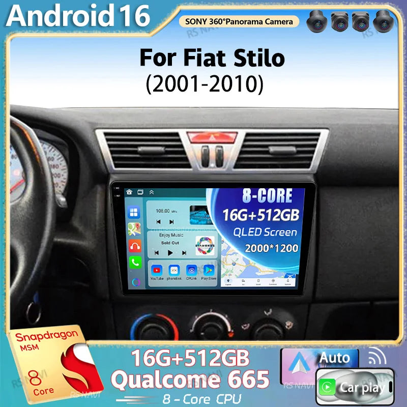 Android 16 For Fiat Stilo 2001 - 2010 2K QLED Android Car Radio Multimedia Video Player GP