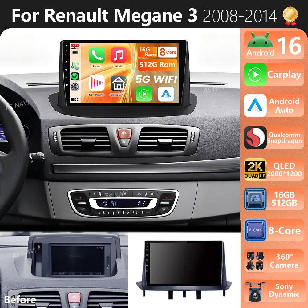Plug and Play Android 16 For Renault Megane 3 RS Fluence Samsung SM3 2008 2010 2014 Androi