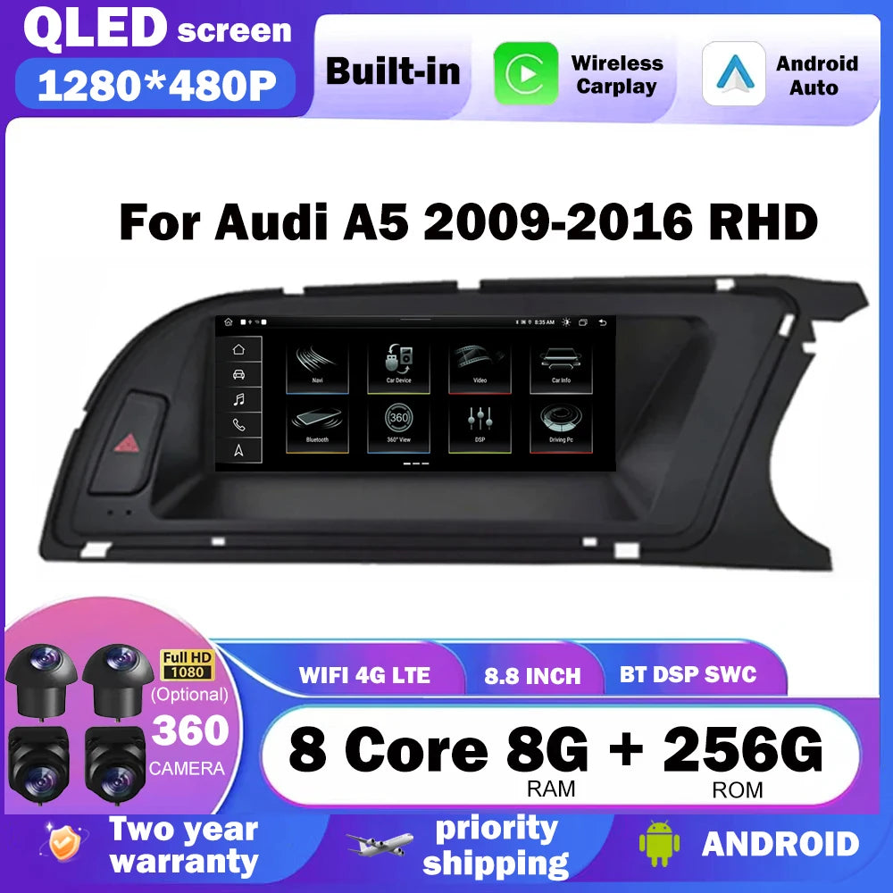 8.8" For Audi A5 2009-2016 RHD Car Radio Android Auto Carplay Auto 8 Core WIFI 4G Car Mult