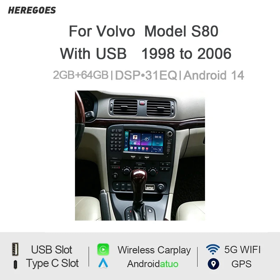 7" Android Car Radio GPS For Volvo S80 1998-2006 Wireless CarPlay Android Auto Bluetooth Steering Control - 2GB 64GB