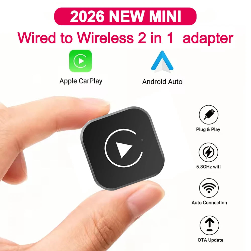 Mini Wireless 2 in1 Carplay Adapter for Android iPhone Auto Wired to Wireless AI Box USB C