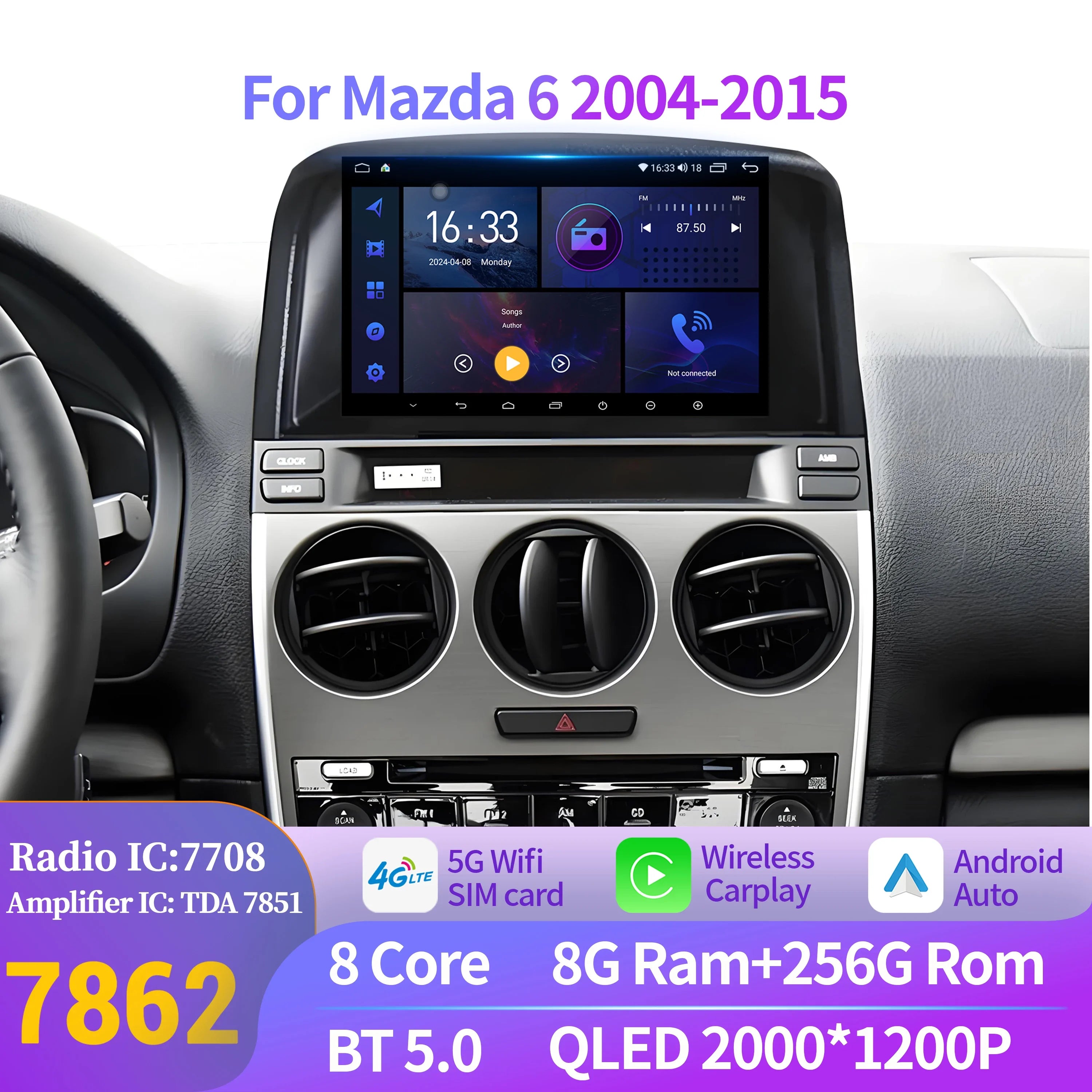 Android 14 For Mazda 6 2004-2015 Wireless BT CarPlay Car Radio Multimedia Auto Navigation
