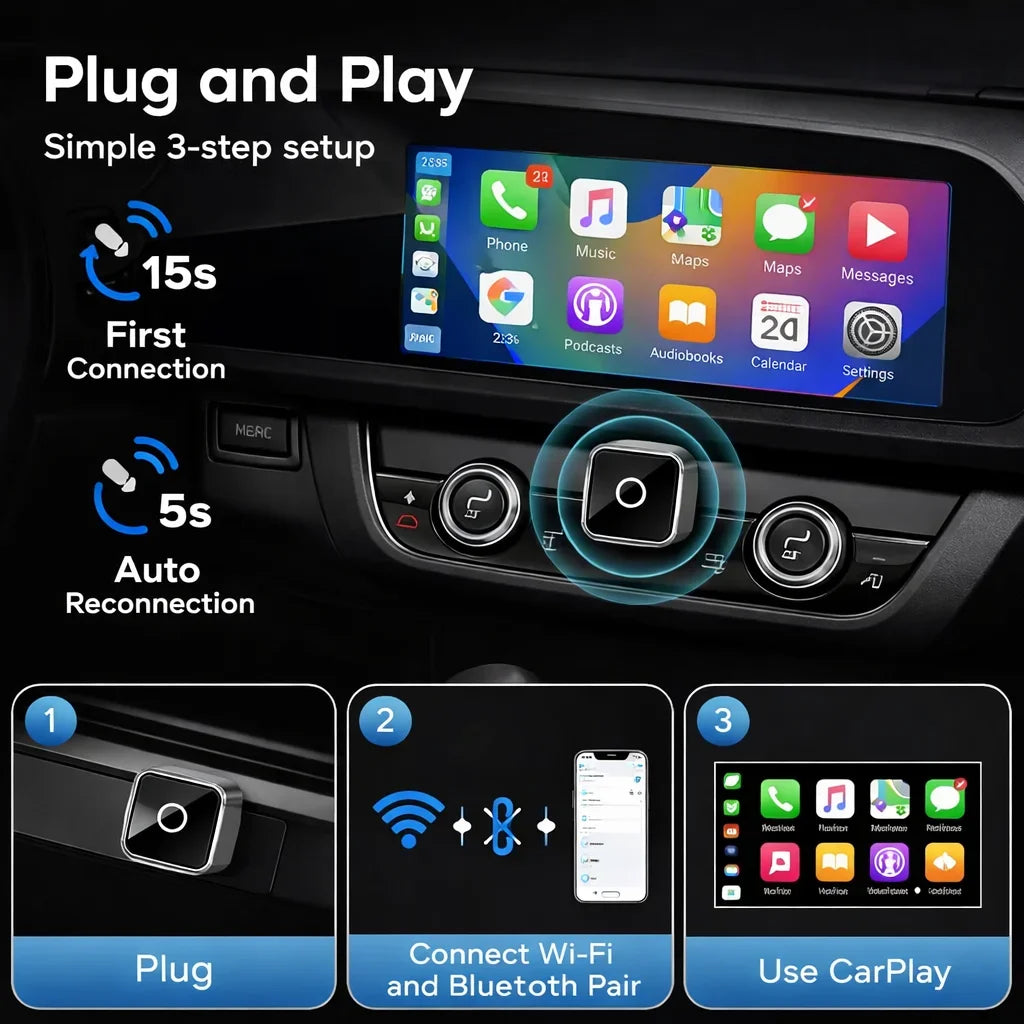 2in1 Wired to Wireless CarPlay Android Auto Adapter With USB Plug and Play,Works with 98%
