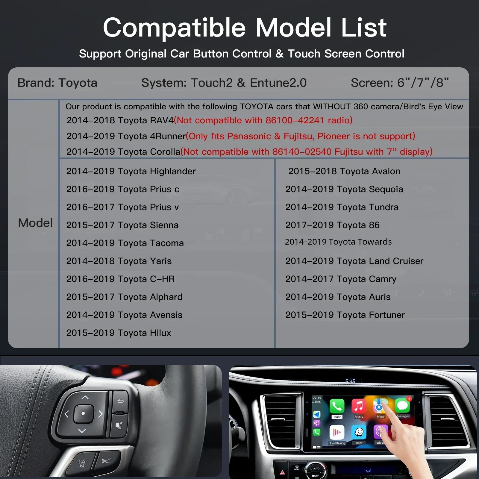 Wireless Carplay Android Auto for TOYOTA Touch Entune 2.0 Highlander Tundra Sienna Prius Y