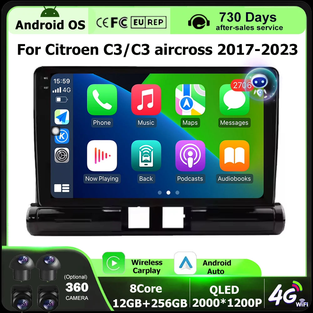 Android 16 Auto For Citroen C3/C3 aircross 2017-2023 QLED Screen Car Radio Multimedia Vide