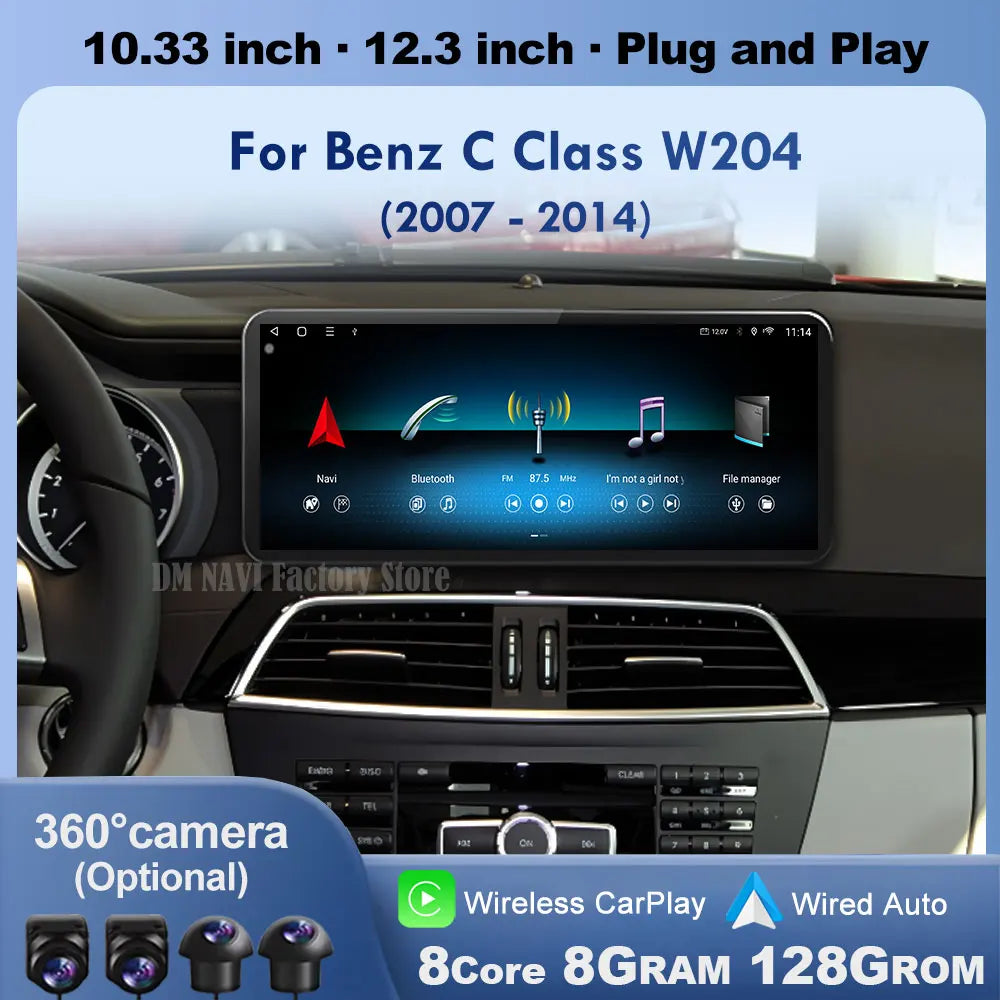Android 14 Wireless CarPlay For Mercedes Benz C Class W204 2007-2010 2011-2014 Car Screen