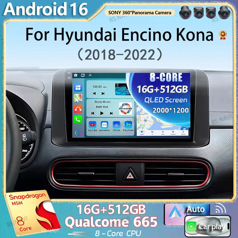 Qualcomm Android 16 Carplay Auto Car Radio For Hyundai Encino Kona 2018 2019-2022 Multimed