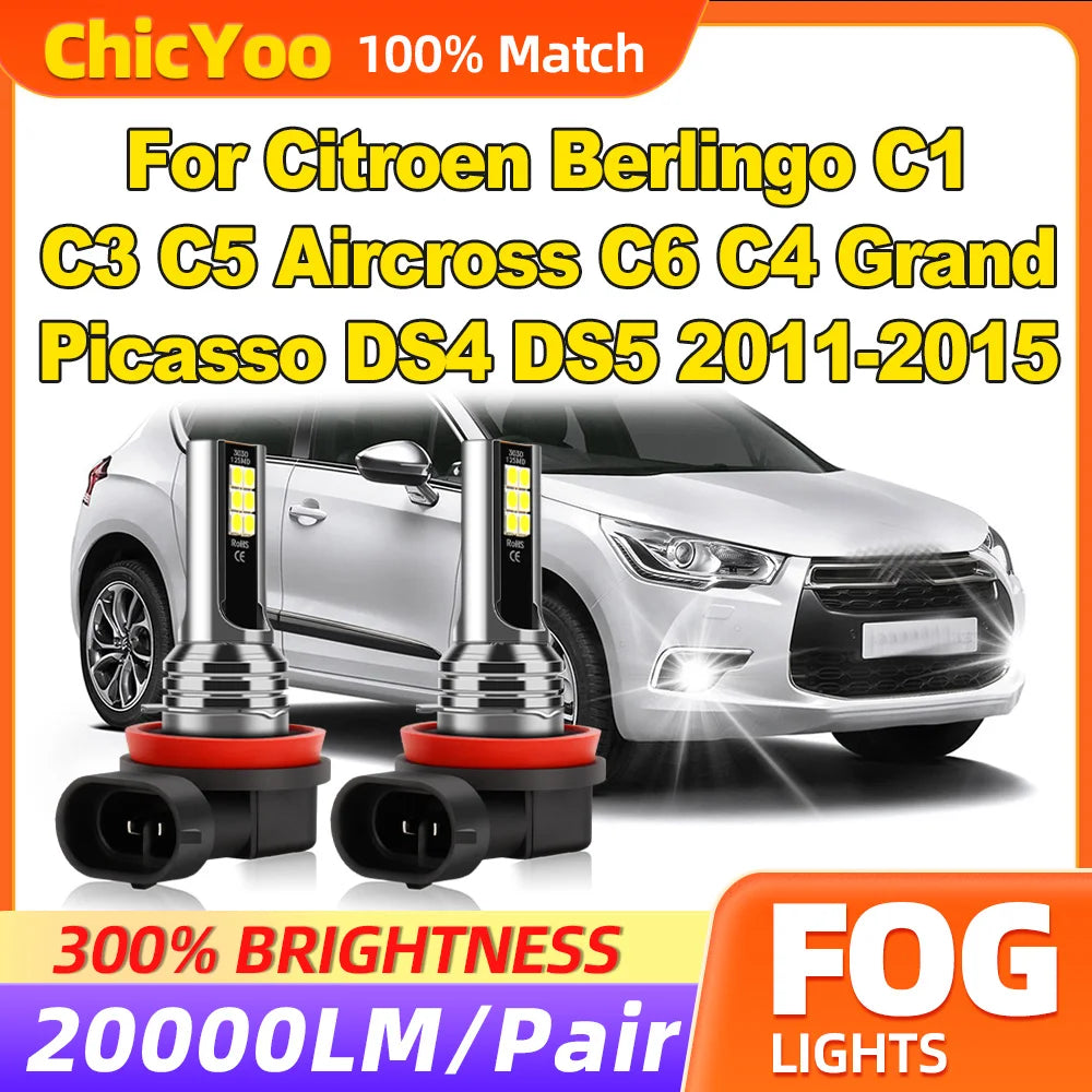 20000LM LED Fog Lights 60W Fog Lamps 6000K White For Citroen Berlingo C1 C3 C5 Aircross C6
