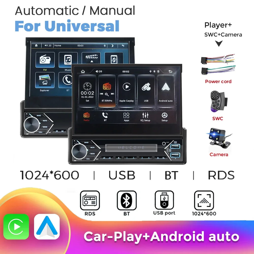 Universal 1 Din Car Radio 7 Inch Manual / Automatic Retractable Touch Screen FM Stereo Mir | AUTOKITSHOP