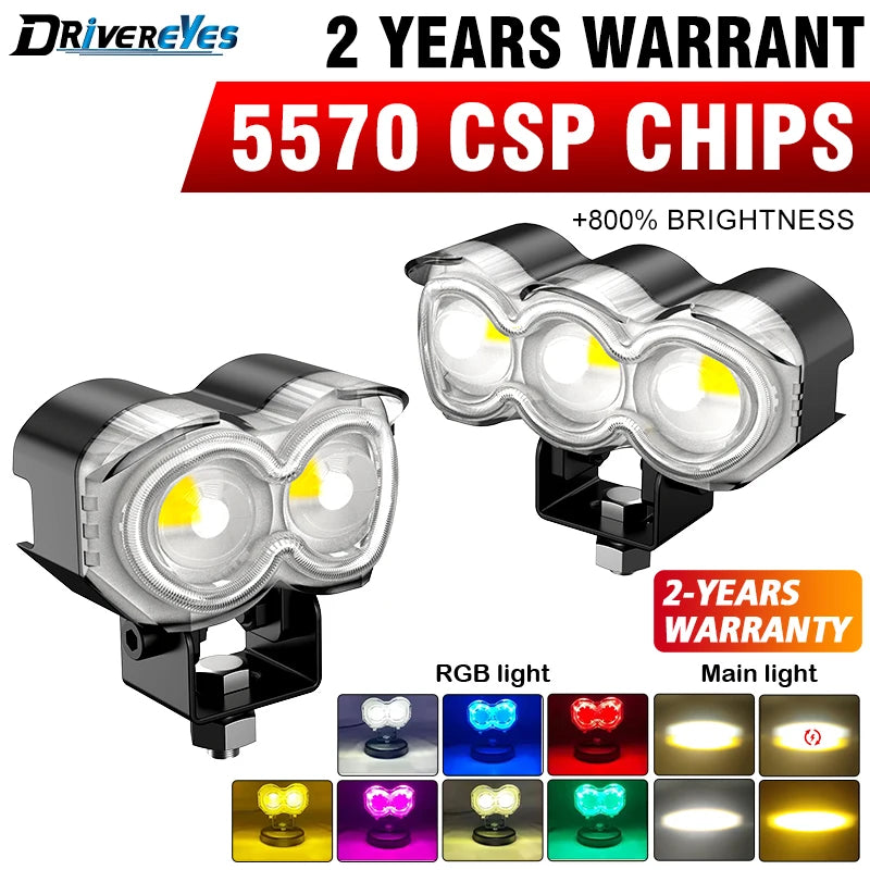 Motorcycle LED Spotlight Headlight Flash Strobe Light 2/3 Lens Hi/Low Beam Driving Lamps 1