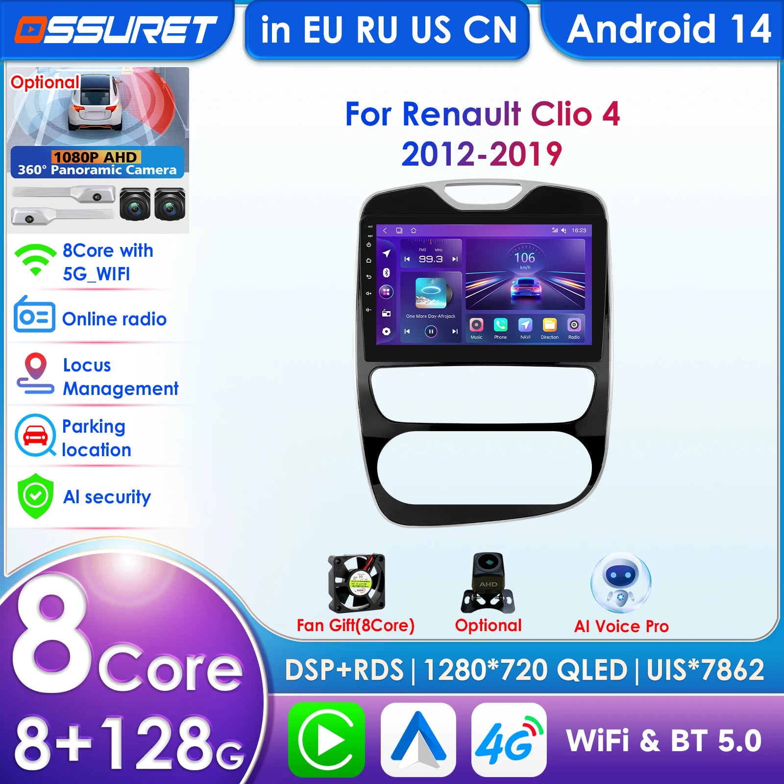 12.3" Car Radio GPS Android 14 for Renault Clio 4 2012-2019 - 4G LTE 360Cam AI Carplay Multimedia Stereo SWC RDS