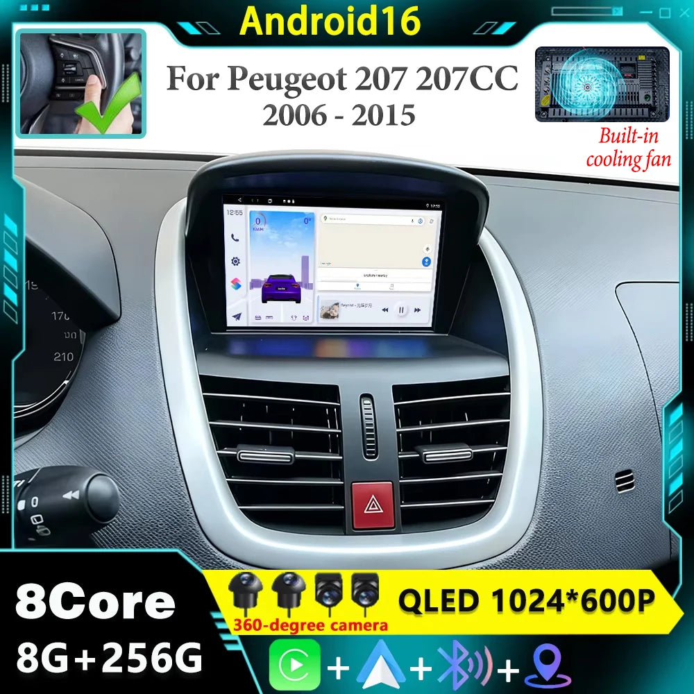 Android 16 7 " Car Radio For Peugeot 207 207CC 2006 - 2015 wireless CarPlay Auto intellige