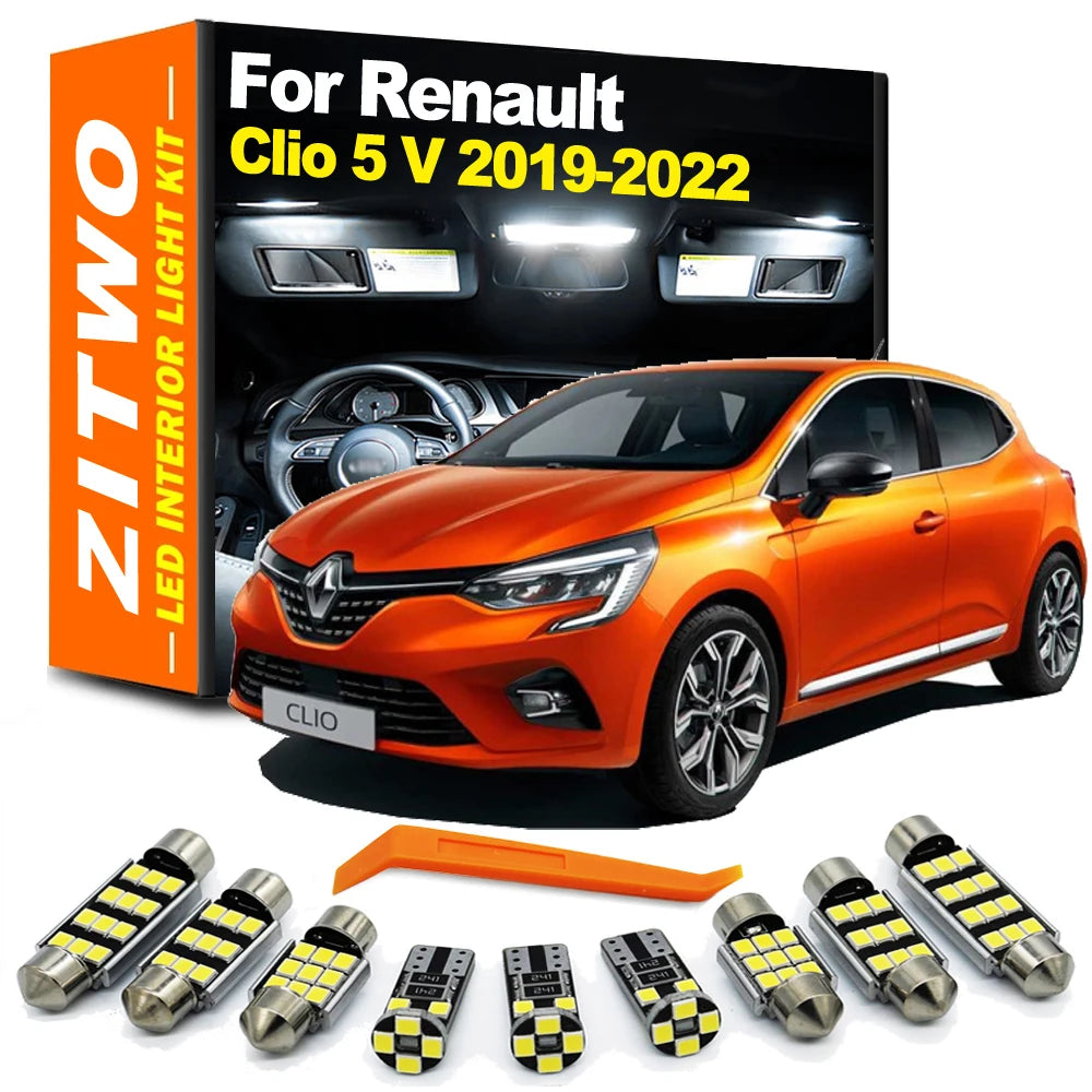ZITWO 9Pcs Canbus No Error LED Interior Dome Map Light Kit For Renault Clio 5 V MK5 2019 2020 2021 2022 2023 License Plate Lamp