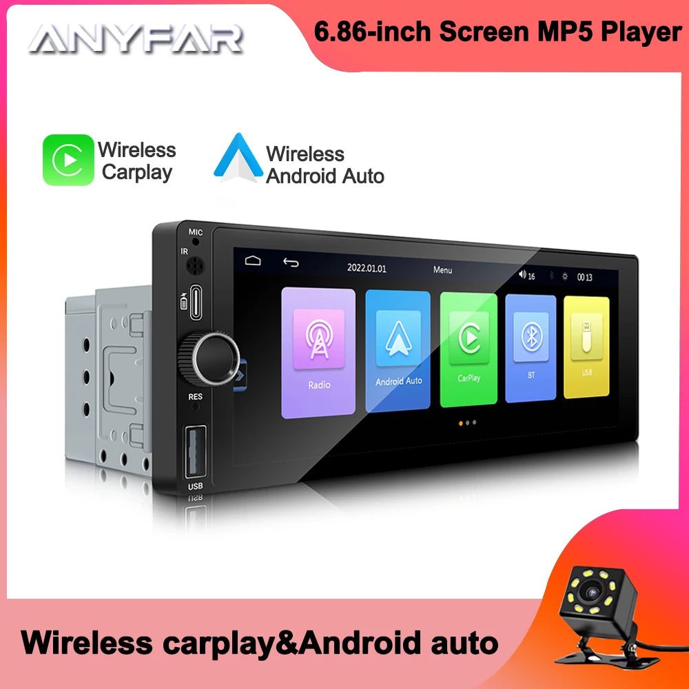 1din 6.86" Wireless CarPlay Android Auto Multimedia Carplay Touch Screen Mirror Link Stere