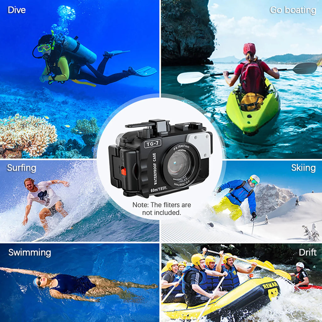 TG7 Camera Waterproof Case Housing Case for Action Camera Underwater 60m Diving Protective Case  - Automotive LED Light