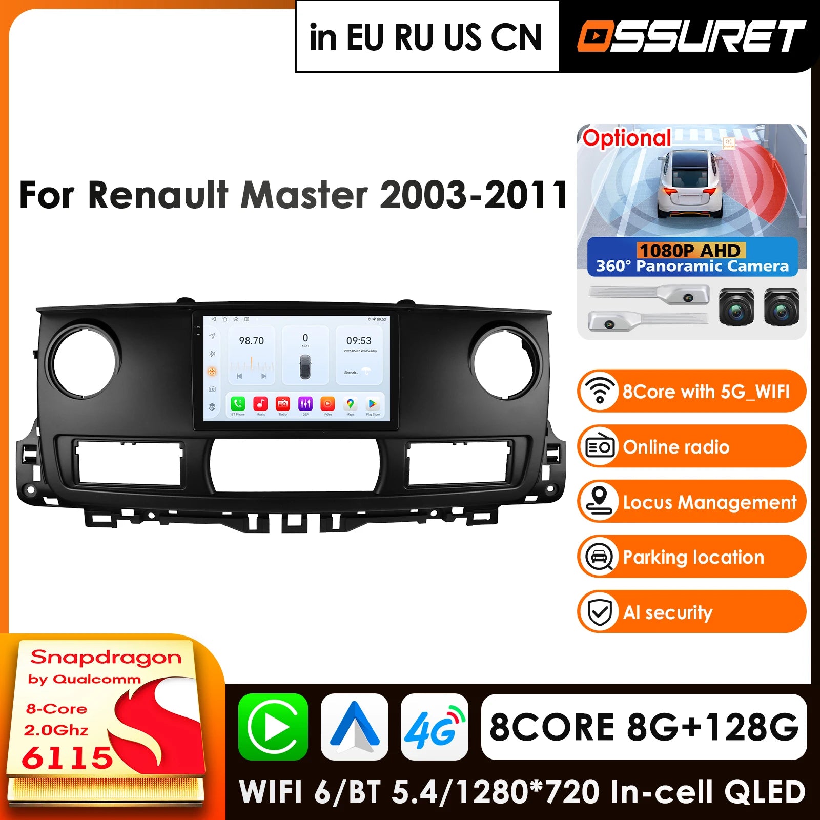 12.3" Car Radio GPS Android 14 for Renault Master 2003-2011 Multimedia Video Player with 360° Camera Carplay Auto Stereo