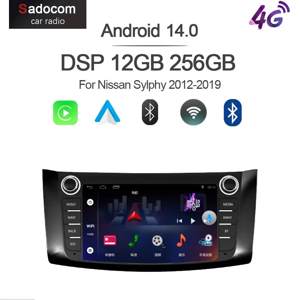 8" 2 Din Android 15.0 8 Core 12GB RAM 256GB ROM Car Player GPS RDS Autoradio Multimedia for Nissan Sylphy 2012-2019 - Hi
