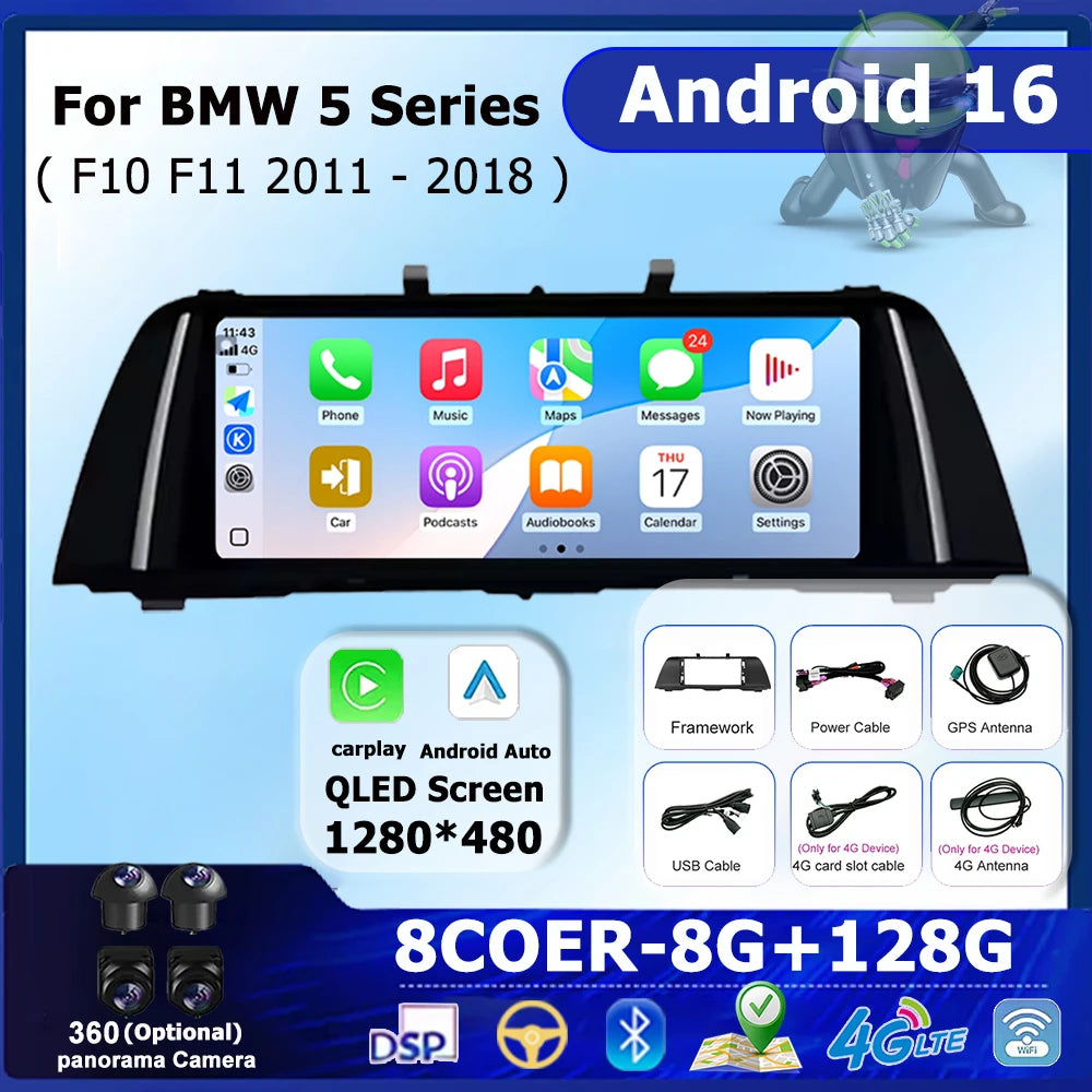 Android 16 10.25" Carplay Auto For BMW 5 Series F10 F11 2011 - 2018 CIC NBT EVO Car Radio