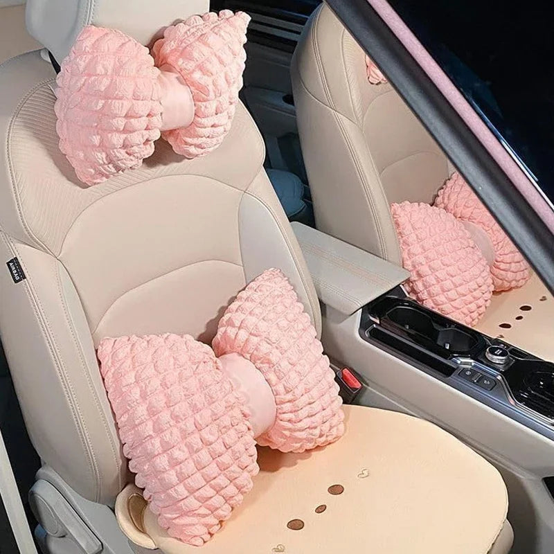 Cartoon Bowknot Neck Pillow Car Headrest Lumbar Support Soft Pink Car Waist Pillow Car Interior  - Automotive LED Light