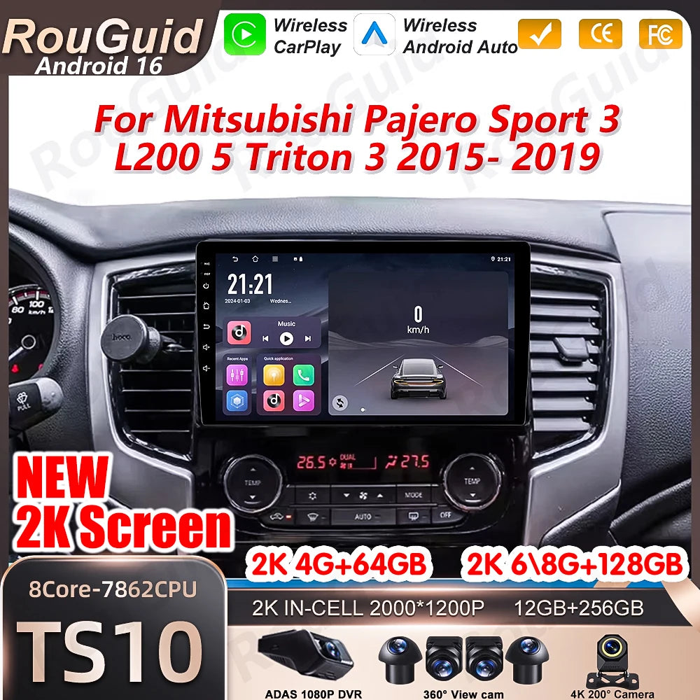 Carplay Android 16 For Mitsubishi Pajero Sport 3 L200 5 Triton 3 2015 2016 2017- 2019 BT M | AUTOKITSHOP