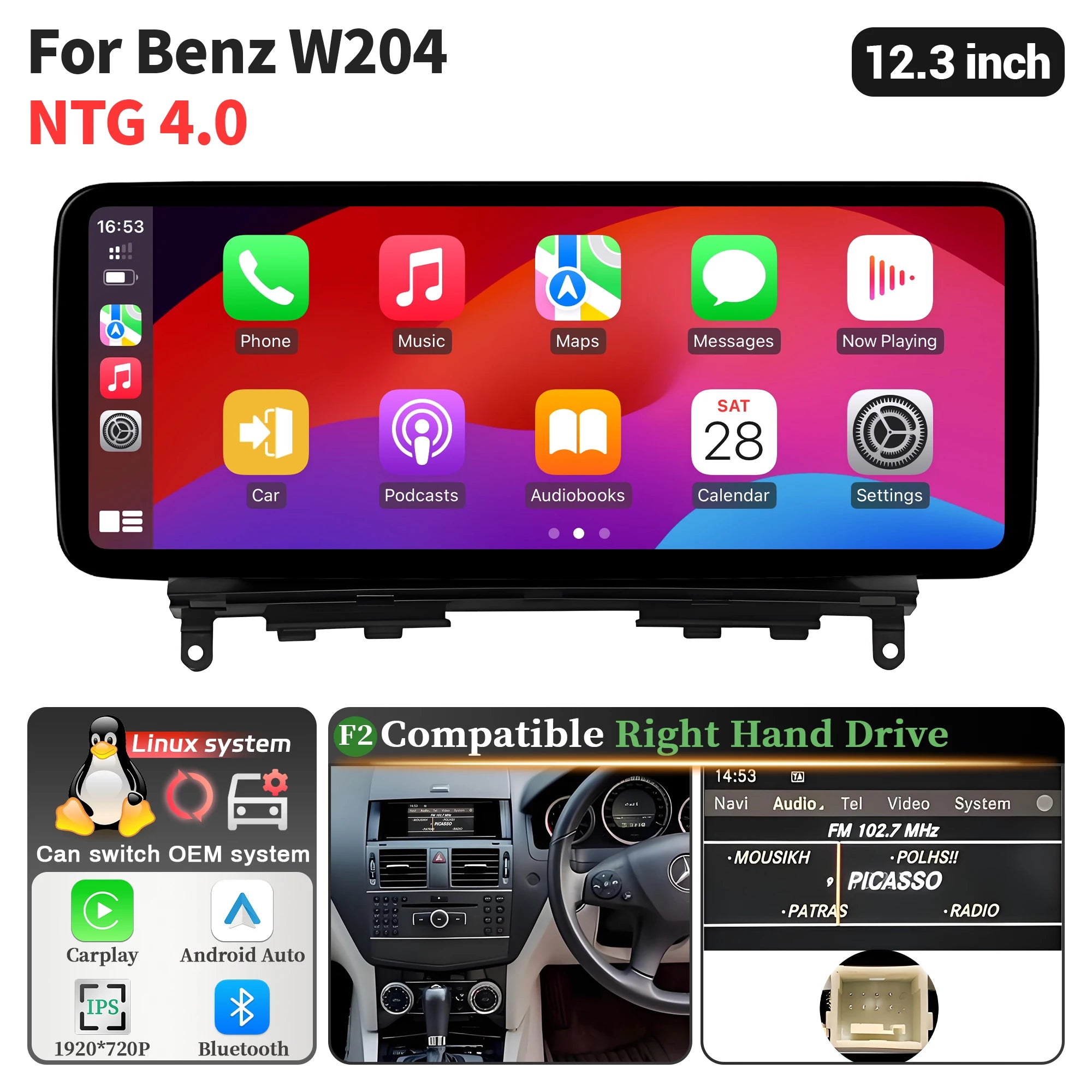 12.3 inch Linux Multimedia For Mercedes Benz W204 C Class C180 C200 C300 2008 2009 2010 Ca