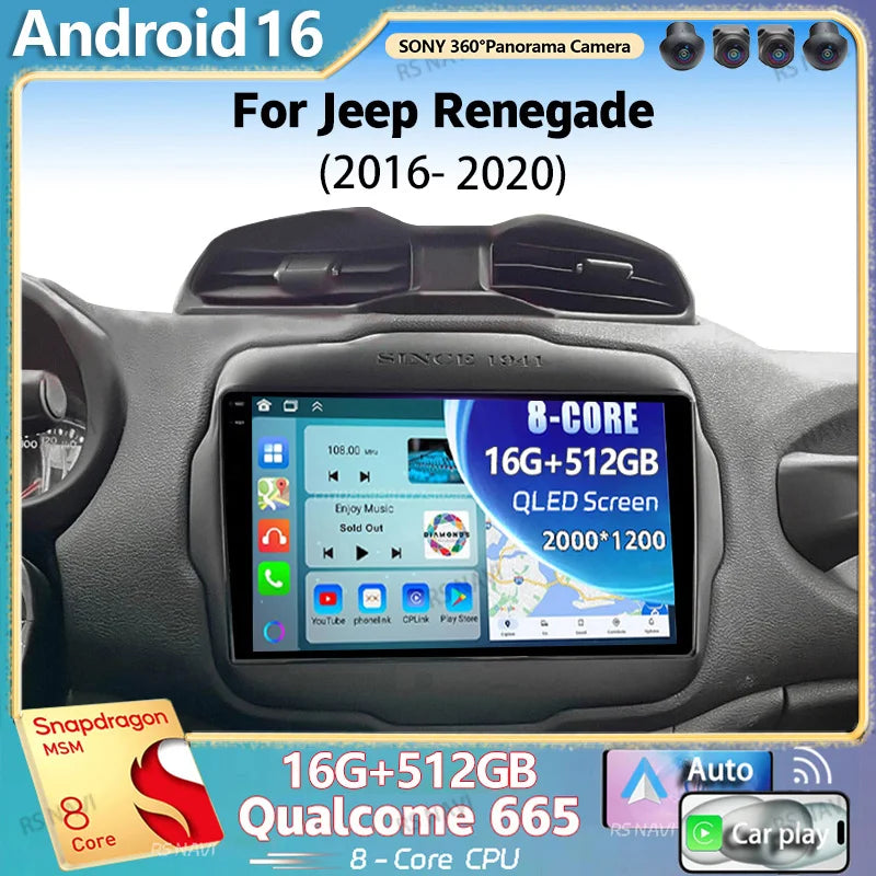 Android 16 For Jeep Renegade 2016 - 2020 2K QLED Android Car Radio Multimedia Video Player