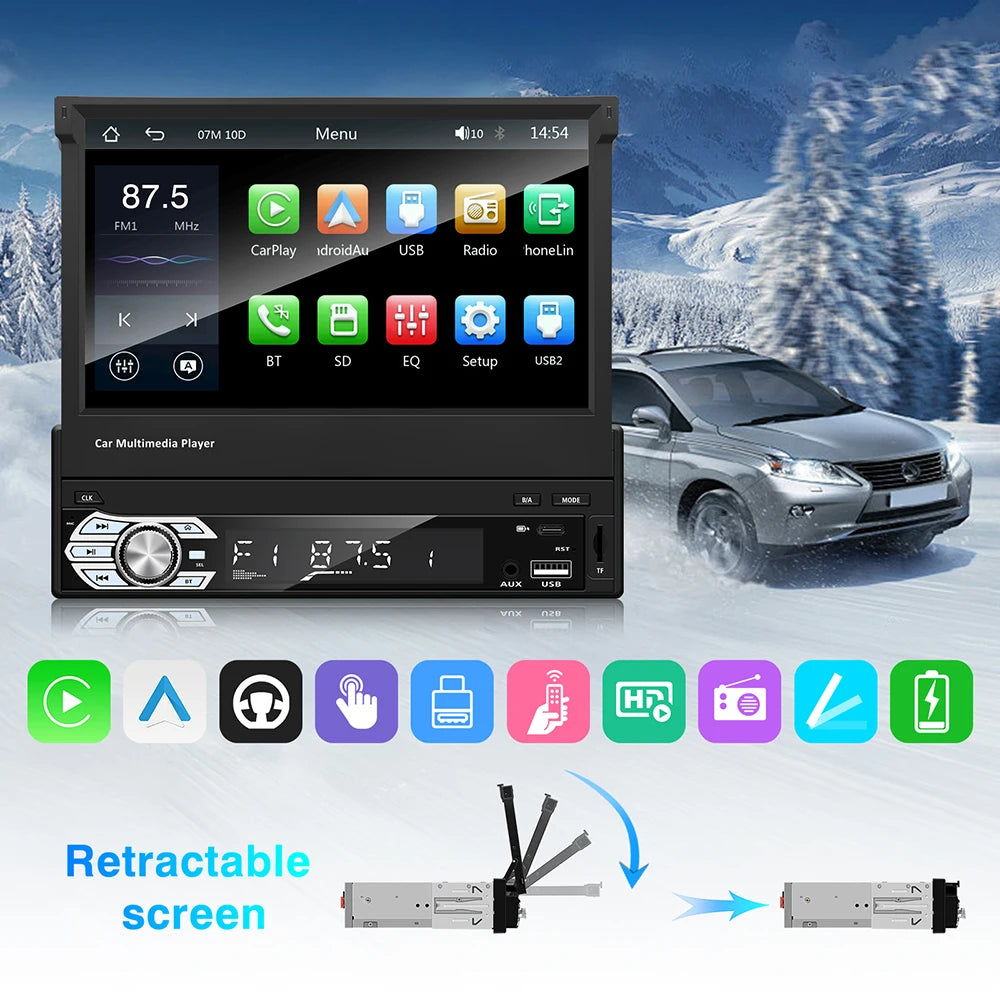 Universal 1 Din Car Radio Stereo 7" HD Retractable Touch Screen Carplay & Android Auto Mon | AUTOKITSHOP