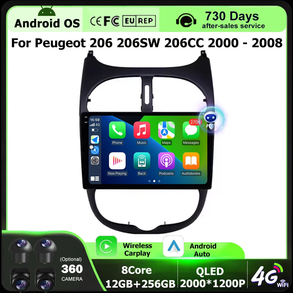 Android 16 Auto Carplay For Peugeot 206 206SW 206CC 2000 - 2008 Car Radio Multimedia Video