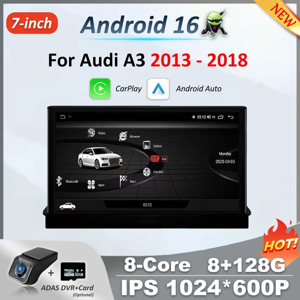 Android 16 Touch Screen 7 Inch For Audi A3 2013 - 2018 Car Accessories Auto Carplay Monito
