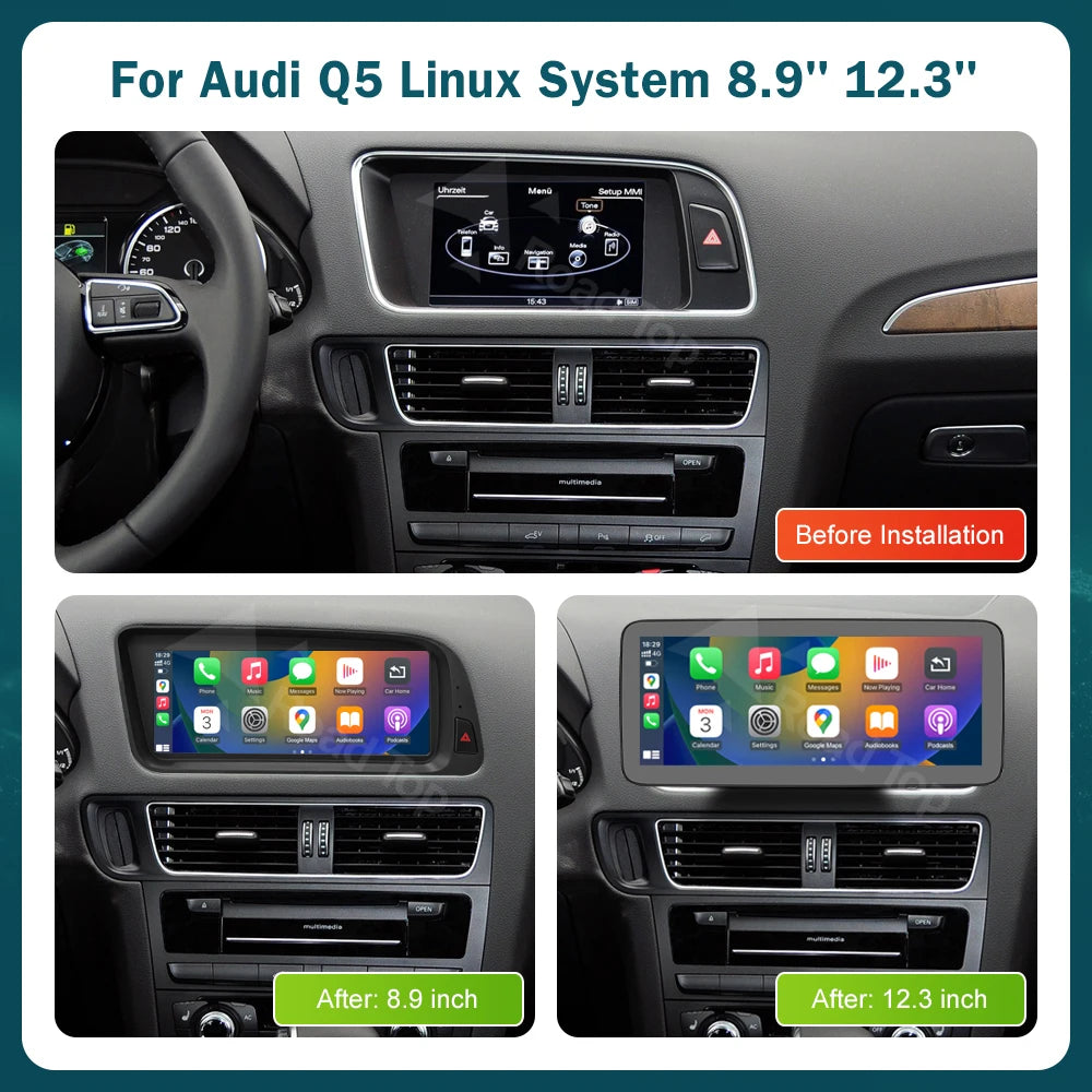 EU RoadTop 12.3 inch Wireless CarPlay Multimedia Ultra-thin Screen Android Auto For Audi Q
