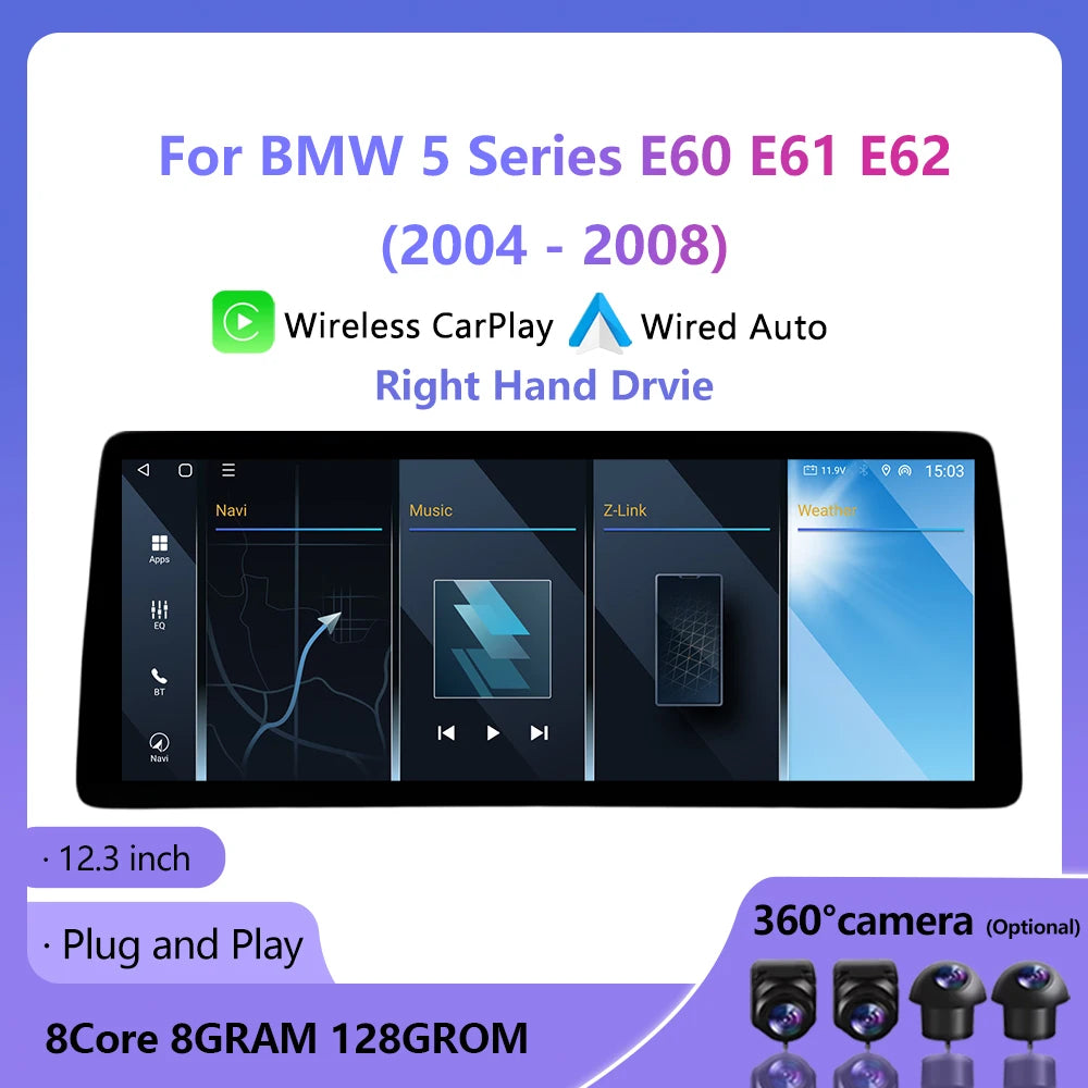 RHD Wireless CarPlay Android 12.3inch For BMW 5 Series E60 E61 E62 2004 - 2008 CIC/CCC Sys