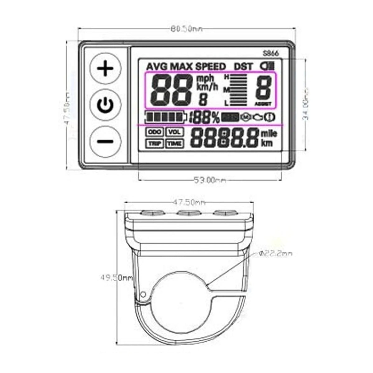 1Pc S866 Electric Bike LCD Display Meter 24V 36V 48V Control Panel with IP65 Wat for S866 IP65 - Automotive LED Light