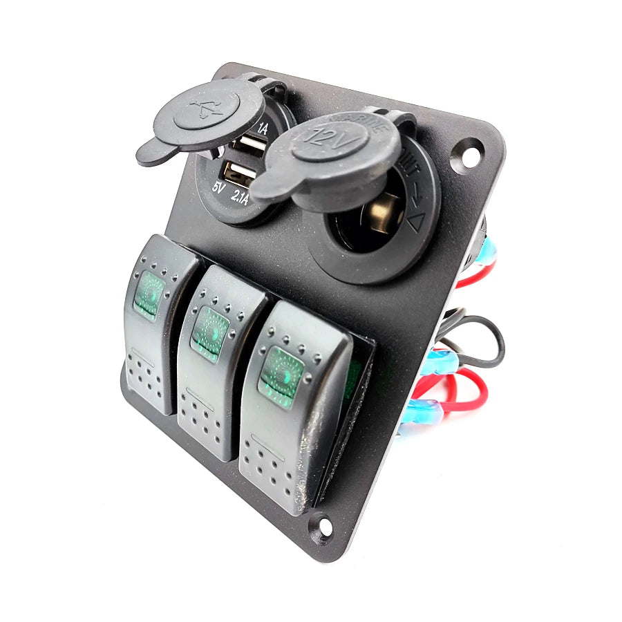 12-24V 3 Gang LED Rocker Switch Panel Circuit Breaker Dual USB For Car SUV Boat