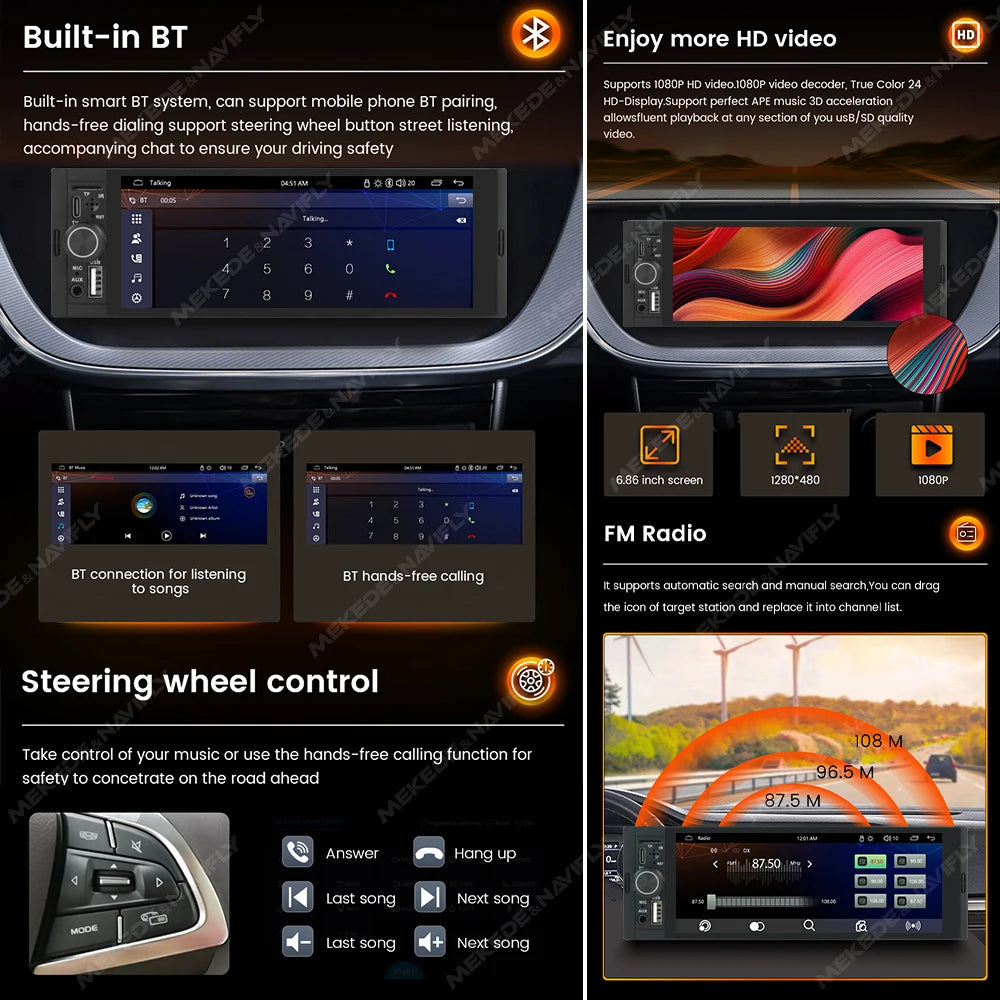 Car Radio For 1DIN 6.86inch HD touch screen Multimedia Player Multimedia Player Support Ca