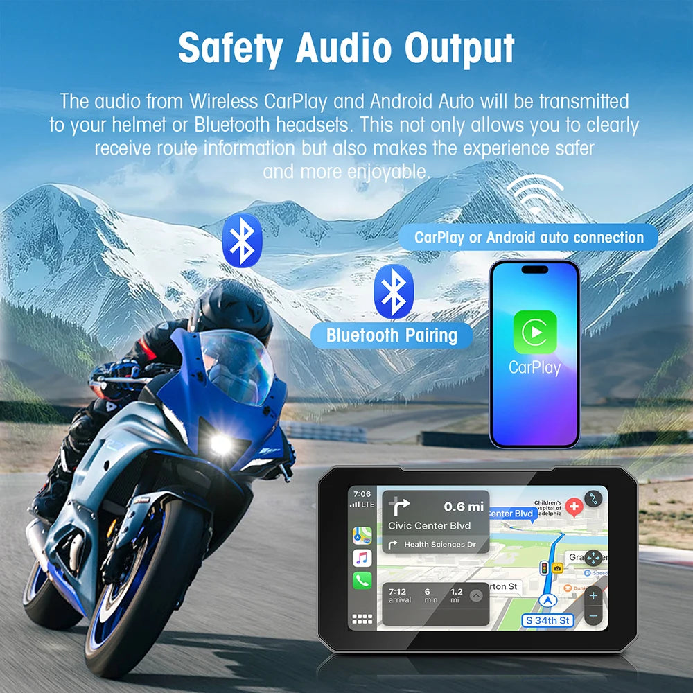 5inch Motorcycle Screen Moto DVR GPS Navigation Wireless Carplay Android Auto IP67 Waterpr