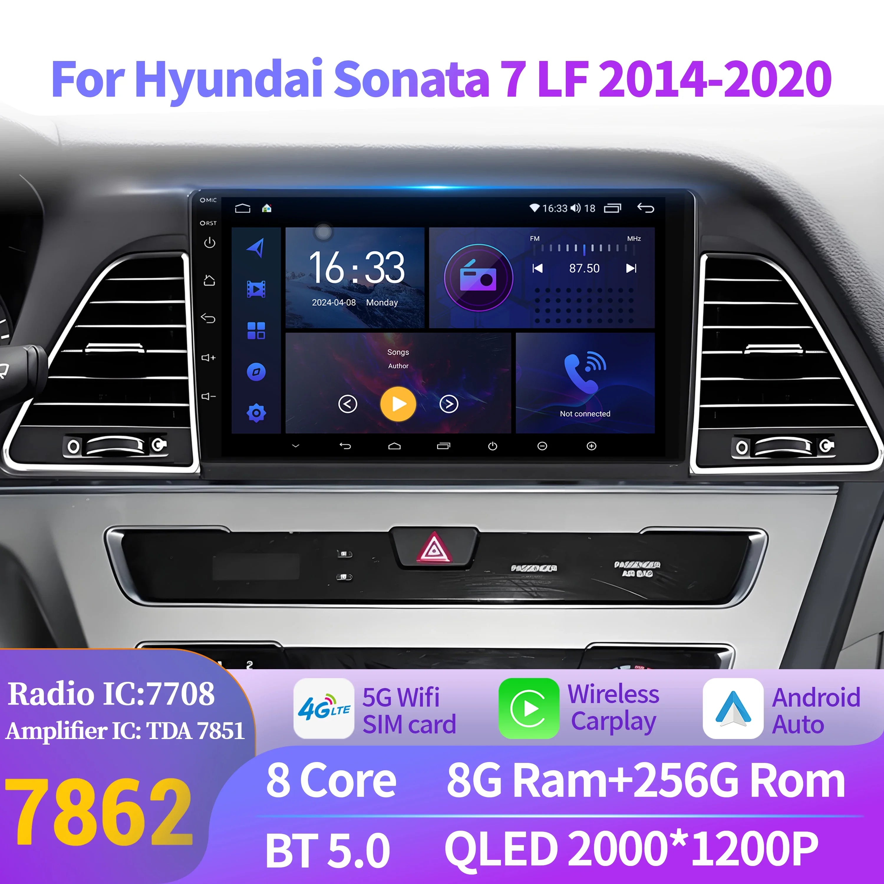 For Hyundai Sonata 7 LF 2014-2020 Car Radio Multimedia Android 14 Wireless BT CarPlay Navi