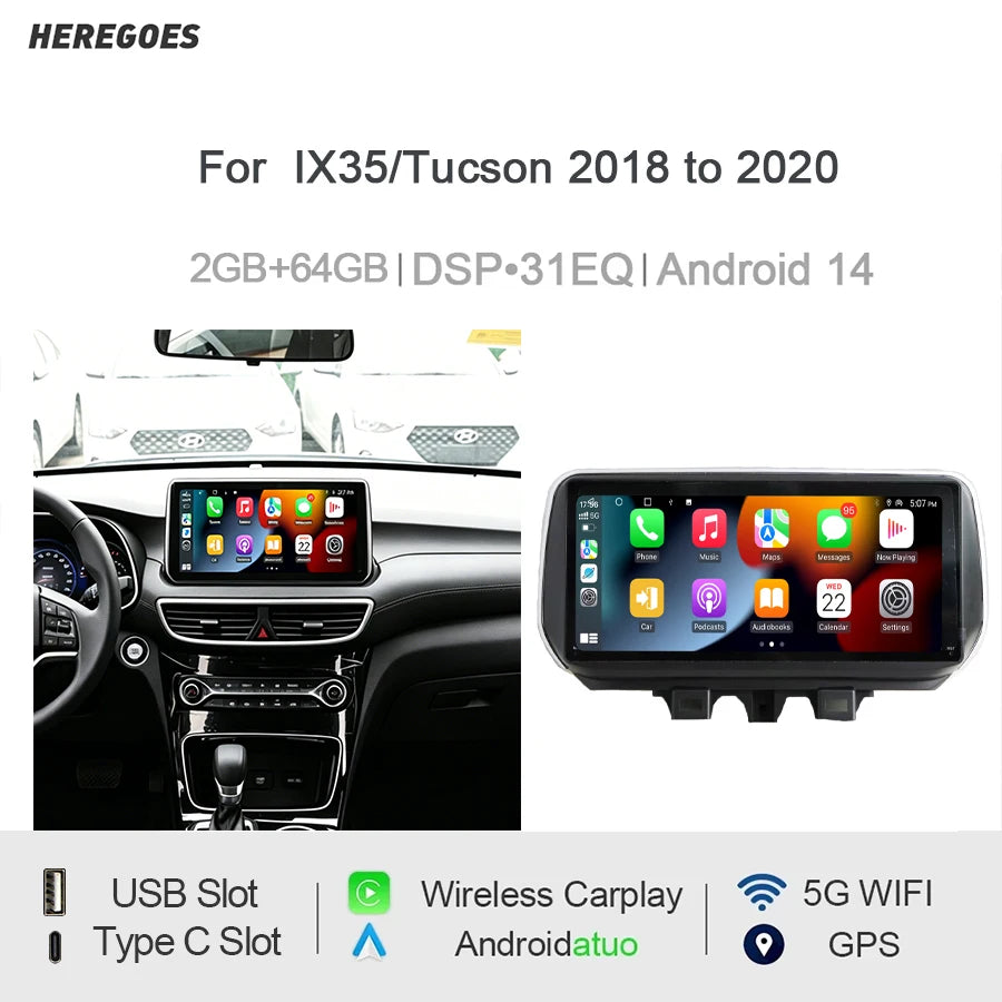 10.25" Car Radio GPS for Hyundai IX35/Tucson 2018-2020 Android 12.0 8GB RAM 128GB Multimedia Player with Bluetooth 5.0 -
