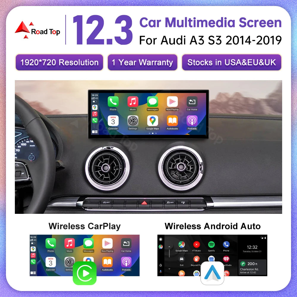 12.3" Linux Screen For Audi A3 S3 2014-2019 Car Multimedia Support Wireless CarPlay Androi | AUTOKITSHOP
