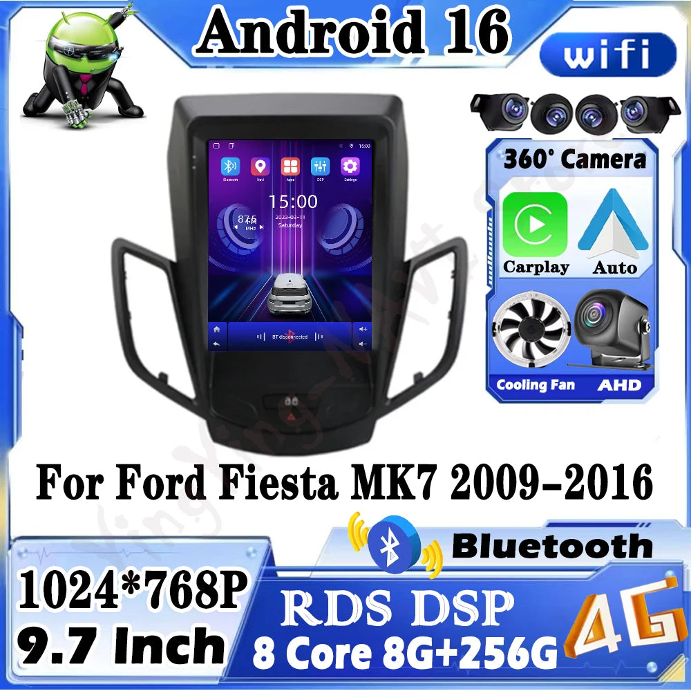 Android 16 For Ford Fiesta MK7 2009-2016 Carplay Car Radio Multimedia Player Navigation In