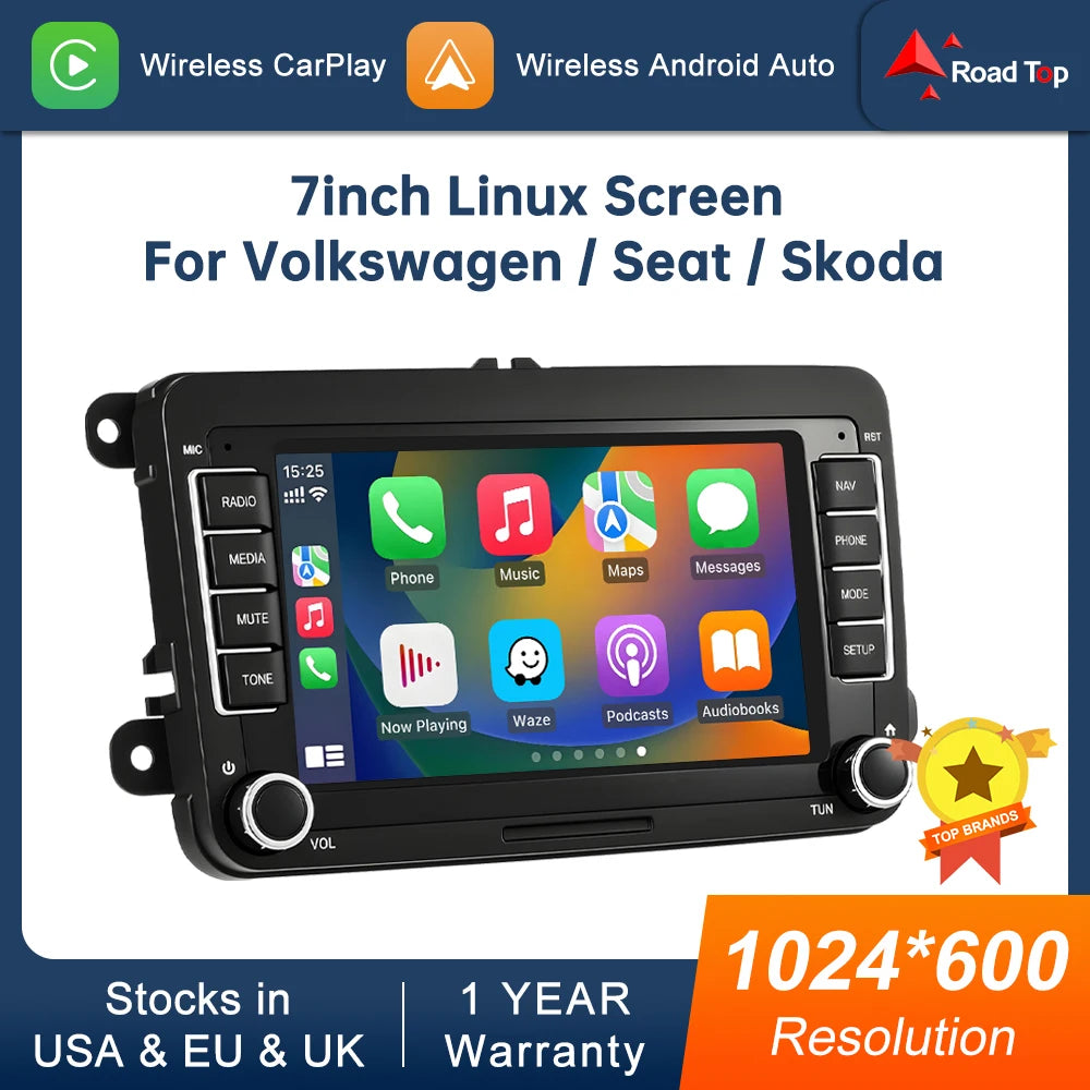 Road Top 7" HD Car Radio Wireless CarPlay Android Auto Stereo Audio For Volkswagen/Seat/Sk | AUTOKITSHOP