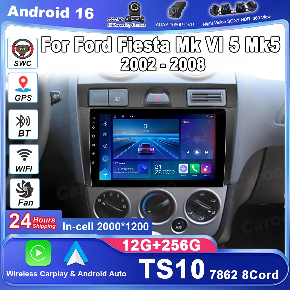 Car Radio Android 16 Carplay Auto For Ford Fiesta Mk VI 5 Mk5 2002 - 2008 Multimedia GPS N