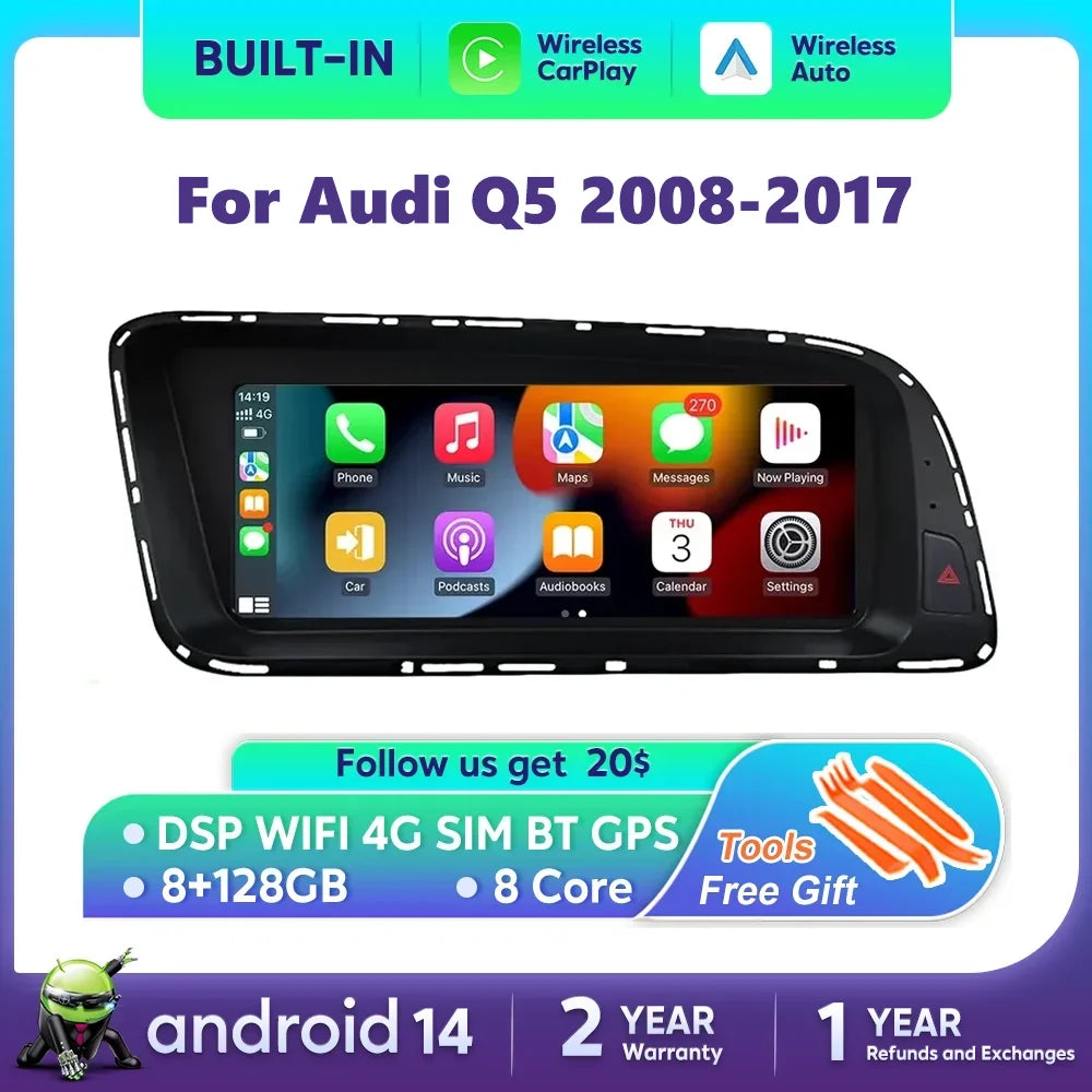 Android 14 For Audi Q5 2008-2017 Car Radio Screen Wireless Carplay Multimedia Player GPS N